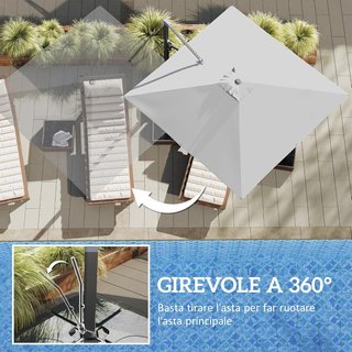 Ombrellone da Giardino con Manovella 3,6X3 M Inclinabile e Girevole 360°, Ombrellone Decentrato con Braccio e Base a Croce e Presa d'Aria, in Poliestere 250G/㎡ e Alluminio, Grigio Chiaro