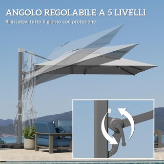 Ombrellone da Giardino con Manovella 3,6X3 M Inclinabile e Girevole 360°, Ombrellone Decentrato con Braccio e Base a Croce e Presa d'Aria, in Poliestere 250G/㎡ e Alluminio, Grigio Chiaro
