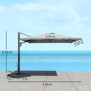 Ombrellone da Giardino con Manovella 3,6X3 M Inclinabile e Girevole 360°, Ombrellone Decentrato con Braccio e Base a Croce e Presa d'Aria, in Poliestere 250G/㎡ e Alluminio, Grigio Chiaro