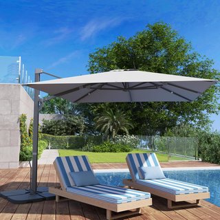 Ombrellone da Giardino con Manovella 3,6X3 M Inclinabile e Girevole 360°, Ombrellone Decentrato con Braccio e Base a Croce e Presa d'Aria, in Poliestere 250G/㎡ e Alluminio, Grigio Chiaro