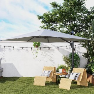 Ombrellone da Giardino con Manovella 3,6X3 M Inclinabile e Girevole 360°, Ombrellone Decentrato con Braccio e Base a Croce e Presa d'Aria, in Poliestere 250G/㎡ e Alluminio, Grigio Chiaro