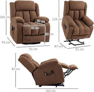 Sillón Elevador Eléctrico Con Control Remoto, Sillón Relax Masajeador Y Reclinable En Tela Con Reposapiés Y Bolsillos Laterales, 91X93X103Cm, Marrón