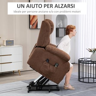 Sillón Elevador Eléctrico Con Control Remoto, Sillón Relax Masajeador Y Reclinable En Tela Con Reposapiés Y Bolsillos Laterales, 91X93X103Cm, Marrón