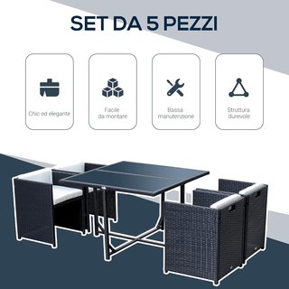 Conjunto de Muebles de Jardín 5Pz Conjunto de Mesa de Comedor con 4 Sillas con Cojines Combinables en Rectángulo, Negro, 109X109X72 Cm