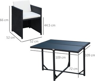 Conjunto de Muebles de Jardín 5Pz Conjunto de Mesa de Comedor con 4 Sillas con Cojines Combinables en Rectángulo, Negro, 109X109X72 Cm