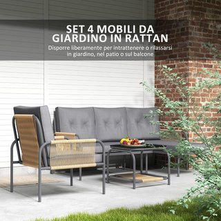 Conjunto de Muebles de Jardín de Rattan de 4 Piezas, Sofá de Exterior con Asiento para 2 Personas, Sillón, Chaise Longue con Cojines Lavables y Mesa de Vidrio, Conjunto de Jardín Exterior, Gris Oscuro