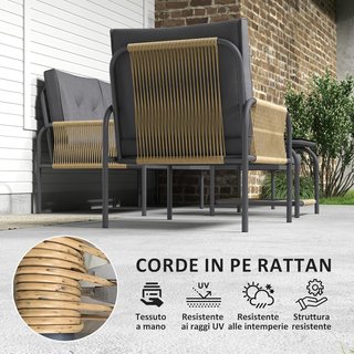 Conjunto de Muebles de Jardín de Rattan de 4 Piezas, Sofá de Exterior con Asiento para 2 Personas, Sillón, Chaise Longue con Cojines Lavables y Mesa de Vidrio, Conjunto de Jardín Exterior, Gris Oscuro