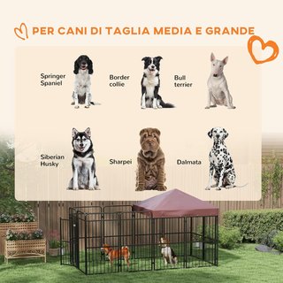 Kennel para Perros de Exterior, Recinto para Perros con Techo Anti-Uv Impermeable, Jaula para Perros Grandes de Metal, 282X141X160.5Cm, Marrón