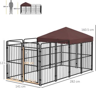 Kennel para Perros de Exterior, Recinto para Perros con Techo Anti-Uv Impermeable, Jaula para Perros Grandes de Metal, 282X141X160.5Cm, Marrón