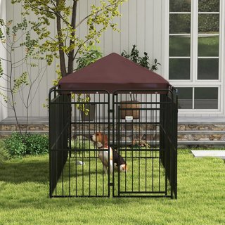 Kennel para Perros de Exterior, Recinto para Perros con Techo Anti-Uv Impermeable, Jaula para Perros Grandes de Metal, 282X141X160.5Cm, Marrón