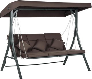 Columpio de Jardín para 3 Personas con Techo Regulable y 3 Cojines, Columpio de Exterior con Asiento Transpirable en Textil y Metal, Capacidad de Hasta 270 Kg, 198X118X168 Cm, Marrón