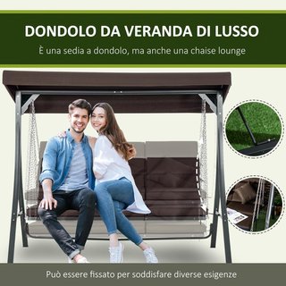 Columpio de Jardín para 3 Personas con Techo Regulable y 3 Cojines, Columpio de Exterior con Asiento Transpirable en Textil y Metal, Capacidad de Hasta 270 Kg, 198X118X168 Cm, Marrón