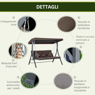 Columpio de Jardín para 3 Personas con Techo Regulable y 3 Cojines, Columpio de Exterior con Asiento Transpirable en Textil y Metal, Capacidad de Hasta 270 Kg, 198X118X168 Cm, Marrón