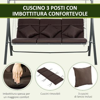 Columpio de Jardín para 3 Personas con Techo Regulable y 3 Cojines, Columpio de Exterior con Asiento Transpirable en Textil y Metal, Capacidad de Hasta 270 Kg, 198X118X168 Cm, Marrón