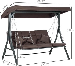 Columpio de Jardín para 3 Personas con Techo Regulable y 3 Cojines, Columpio de Exterior con Asiento Transpirable en Textil y Metal, Capacidad de Hasta 270 Kg, 198X118X168 Cm, Marrón