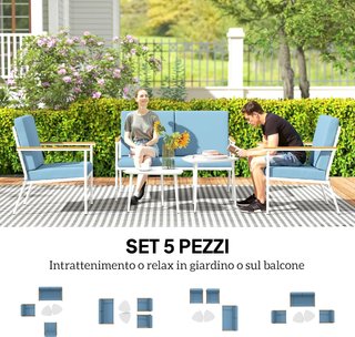 Juego de Salón de Jardín de 5 Piezas, Con Sofá de Exterior de 2 Plazas, 2 Sillones, 2 Mesas de Café Con Tapa de Cristal y Cojines Desfundables, Conjunto de Muebles para Terraza y Patio, Azul