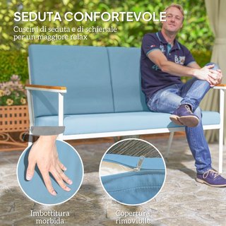 Juego de Salón de Jardín de 5 Piezas, Con Sofá de Exterior de 2 Plazas, 2 Sillones, 2 Mesas de Café Con Tapa de Cristal y Cojines Desfundables, Conjunto de Muebles para Terraza y Patio, Azul