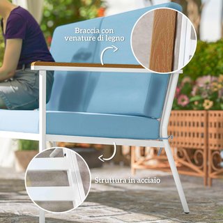Juego de Salón de Jardín de 5 Piezas, Con Sofá de Exterior de 2 Plazas, 2 Sillones, 2 Mesas de Café Con Tapa de Cristal y Cojines Desfundables, Conjunto de Muebles para Terraza y Patio, Azul