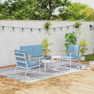 Juego de Salón de Jardín de 5 Piezas, Con Sofá de Exterior de 2 Plazas, 2 Sillones, 2 Mesas de Café Con Tapa de Cristal y Cojines Desfundables, Conjunto de Muebles para Terraza y Patio, Azul