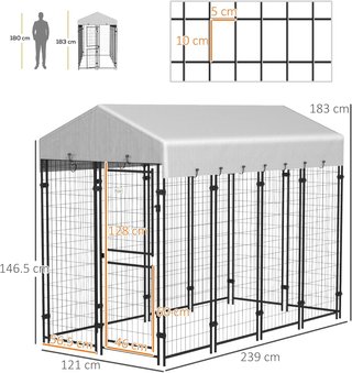 Recinto para Perros de Exterior, Kennel con Techo Anti-Uv Impermeable y Puerta de 2 Secciones, Jaula de Metal para Perros Grandes, 239X121X183Cm, Plata