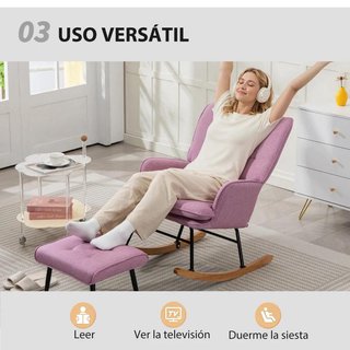 Silla Mecedora Reposapiés Cojín Madera Rosa