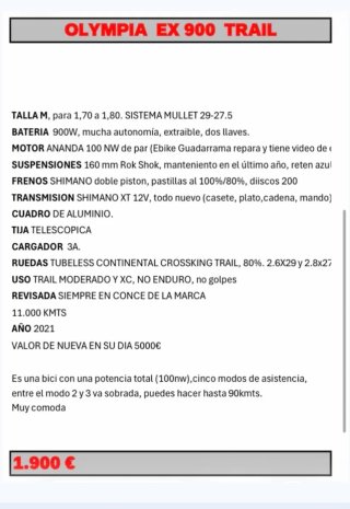 Bicicleta Eléctrica Ebike Olympia Trail 900W 2021