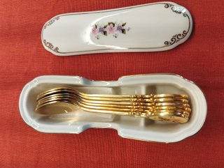 Juego Vintage 6 Cucharitas Doradas Porcelana Nuevo