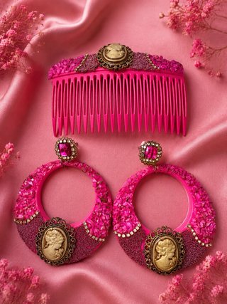 Peineta y pendientes flamenca dorados y rosas