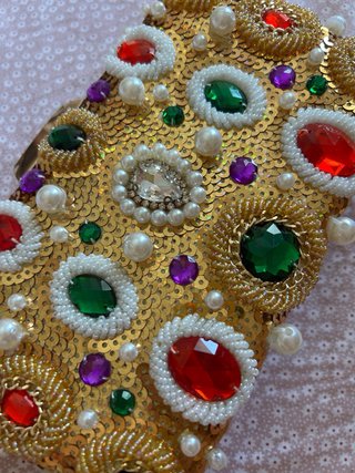 Bolso Clutch Dorado Joya Pedrería Perlas