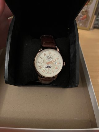 Reloj Hombre Dorado Rosa Fase Lunar Correa Cuero