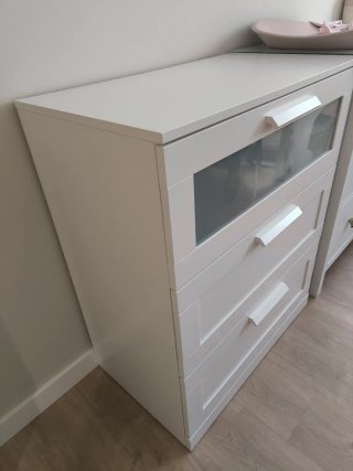 2 Cómodas de 3 cajones blanco/vidrio esmerilado