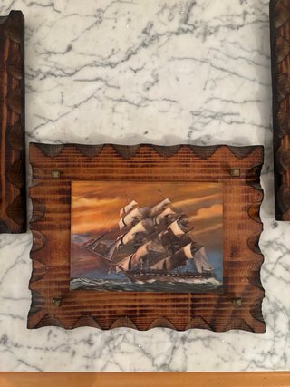 Lote 3 cuadros madera barcos y flores