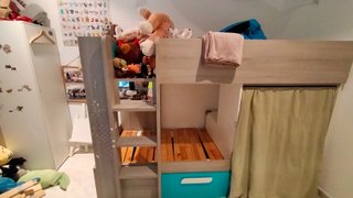 Cama alta litera madera y azul