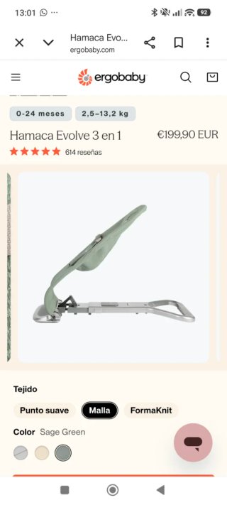 Hamaca Ergobaby Evolve 3 en 1. Nueva