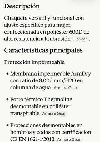 Chaqueta Armure Hamo Impermeable Mujer Talla XS