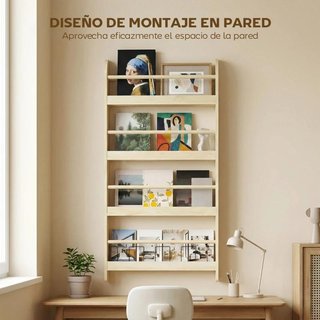 Estantería Pared 4 Estantes Libros Natural 113cm
