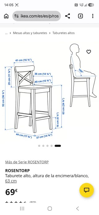 Taburete alto ROSENTORP Ikea madera blanco