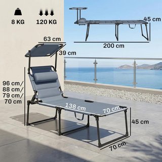 Tumbona Jardín Toldo Reclinable Gris 4 Niveles
