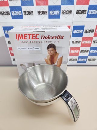 Báscula Electrónica 5 Kg de Cocina, Pesa Sólidos y Líquidos, Recipiente Extraible, Báscula Graduada, División 1 g, Función Tara, Pantalla Digital, Apagado Automático Imetec Dolcevita ES4