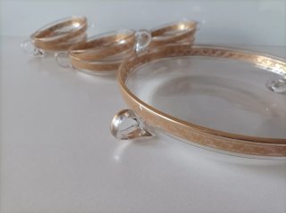Bandeja y 6 tazas cristal oro