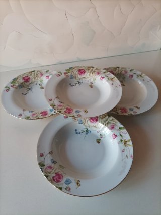 Juego 4 Platos Hondos Porcelana Fina Flores