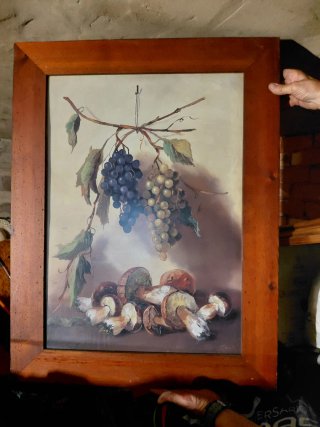 Cuadro Óleo Bodegón Clásico Uvas y Setas