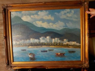 Cuadro Óleo Paisaje Marino Barcas y Marco Dorado