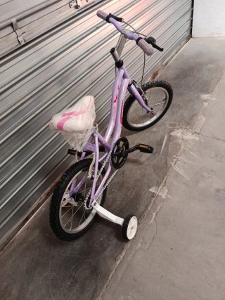 Bicicleta infantil morada con ruedines
