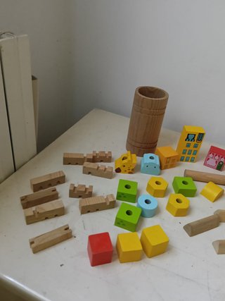 Set costruzioni legno bambini contenitore