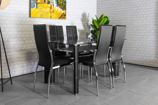 Mesa de Cristal Templado + 6 Sillas en Polipiel/Metal