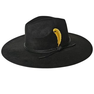 Sombrero Fedora Negro Ala Ancha con Pluma Dorada