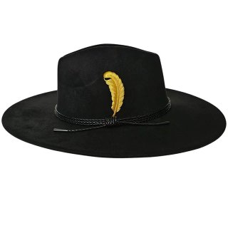 Sombrero Fedora Negro Ala Ancha con Pluma Dorada