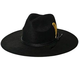 Sombrero Fedora Negro Ala Ancha con Pluma Dorada