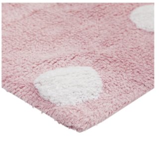 Alfombra infantil rosa con puntos blancos lavable.